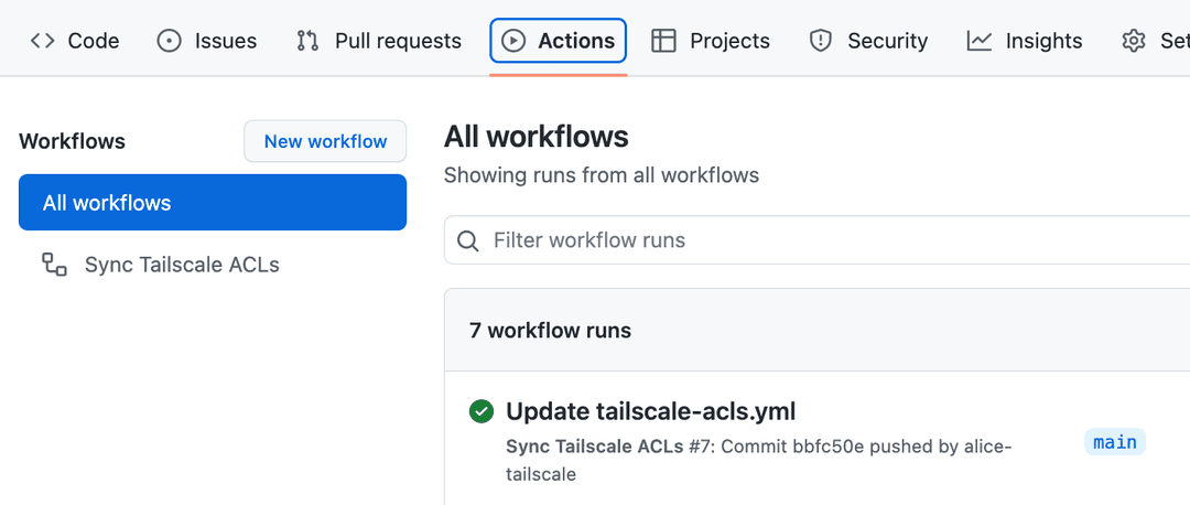 The GitHub Actions workflow interface. Listing a 'Sync Tailscale ACLs' workflow.