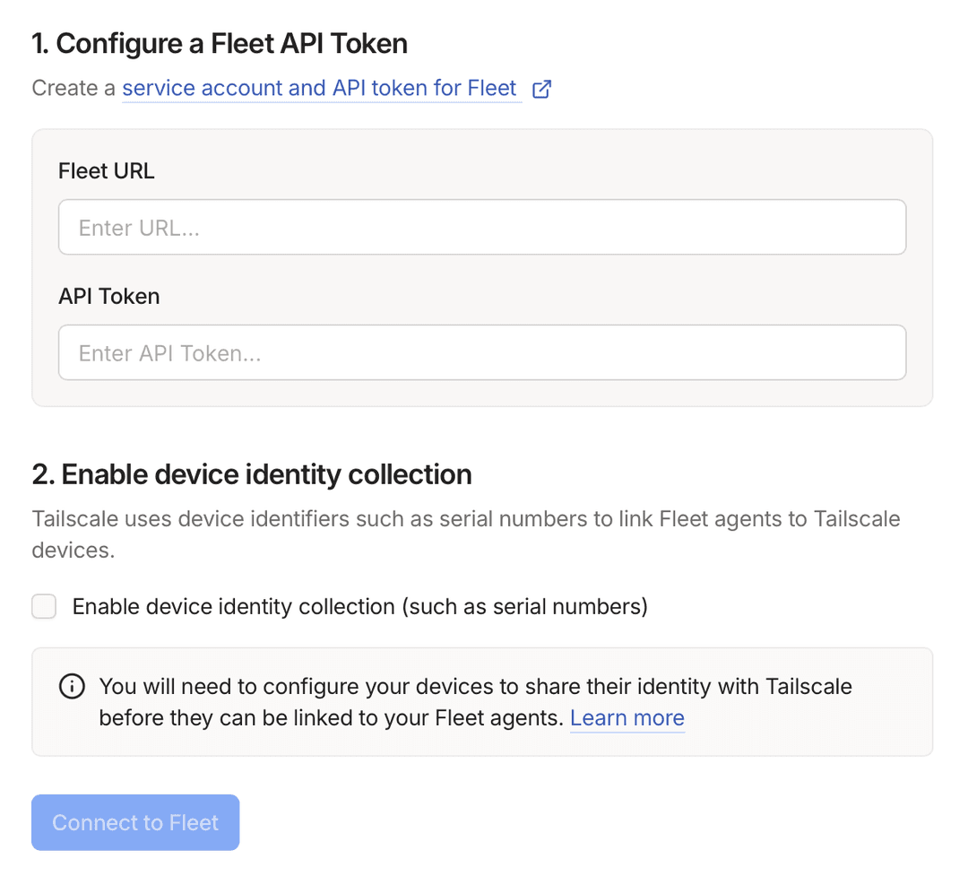 The configuration screen for connecting to Fleet from the Tailscale admin console.