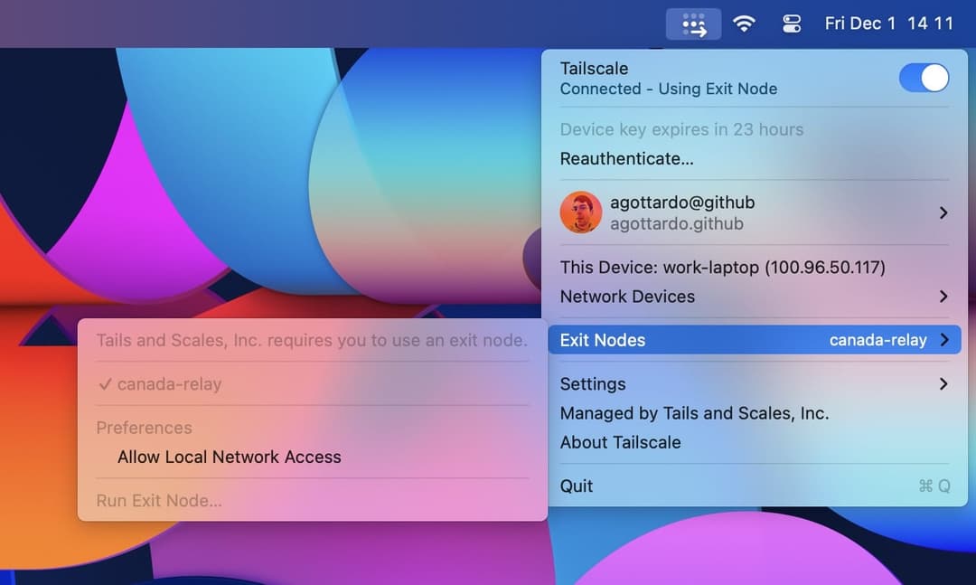 The macOS client menu with 'Using Exit Node'. The exit node menu has disabled options.