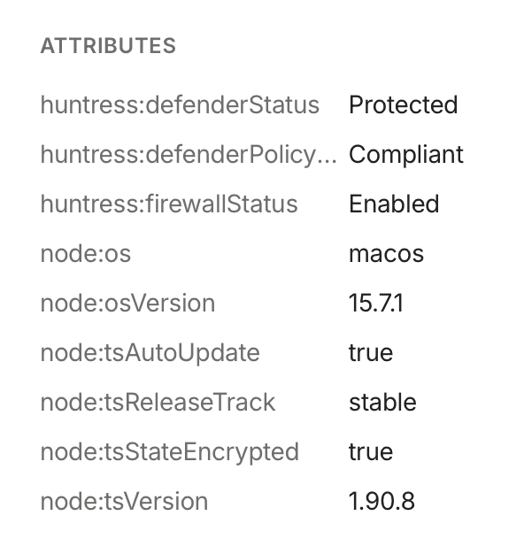 View of the machine attributes in the Machines page.