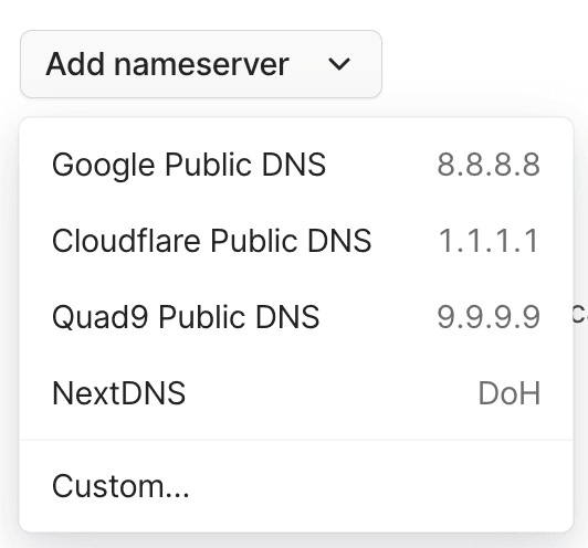 The DNS page of the admin console with the section for Nameservers. The 'Add nameservers' dropdown listing public global DNS options.