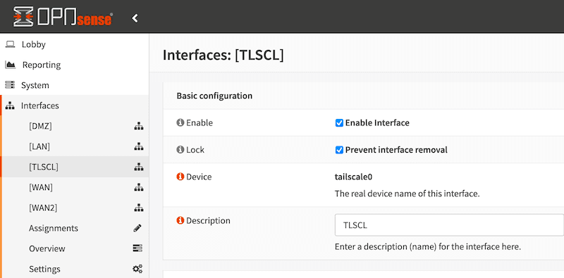 The OPNsense UI with the TLSCL interface enabled.