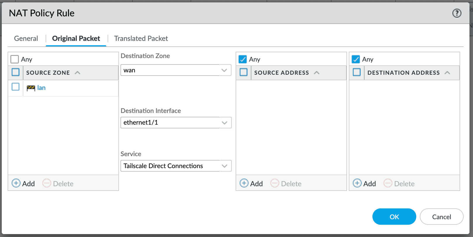 Palo Alto Networks interface for 'NAT Policy Rule'. The 'Original Packet' tab is displayed. For the 'Destination Zone', the 'Service' is set to the Service that was created earlier.