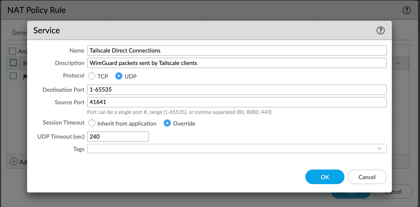 Palo Alto Networks interface for a new 'Service'. 'Name' is set to 'Tailscale Direct Connections'. 'Summary' is set to 'WireGuard packets sent by Tailscale clients'. 'Protocol' is set to 'UDP'. A 'Destination Port' is set. 'Source Port' is set to '41641'. 'UDP Timeout' is set to '240'.