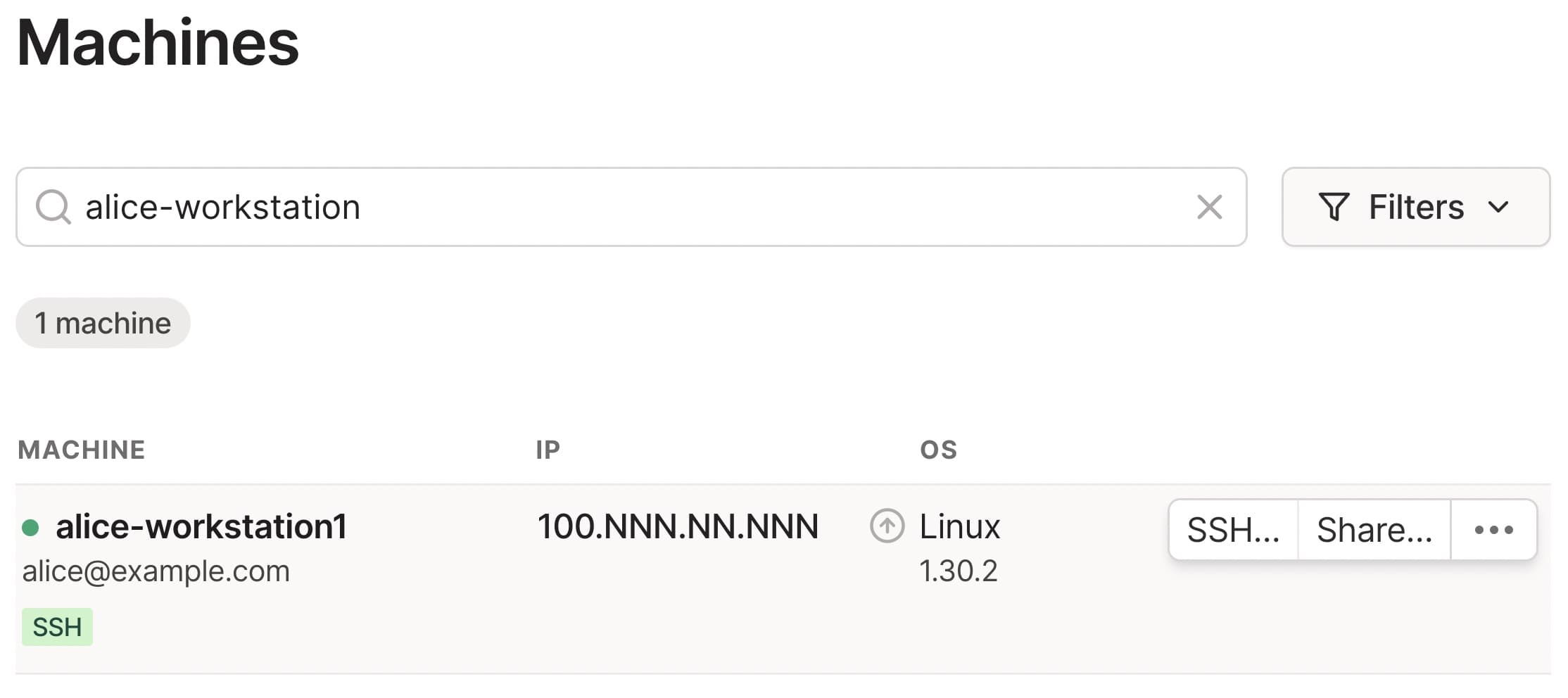 The Machine page of the admin console filtered to a specific machine. An SSH option is available for the example node.