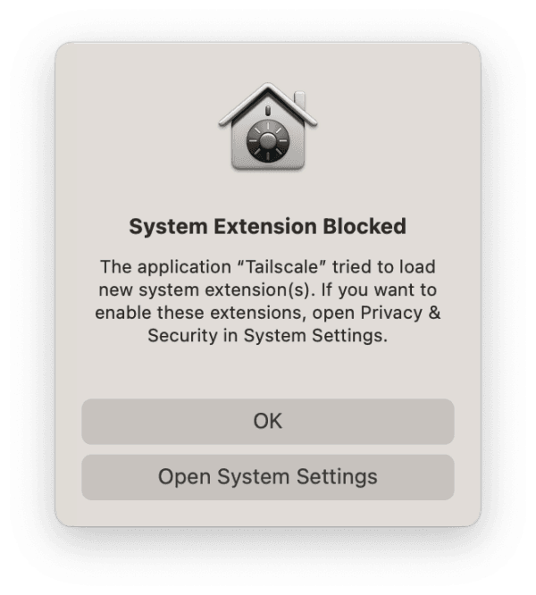 The warning for 'System Extension Blocked' in macOS. There are two prompts for 'OK' and 'Open System Settings'.