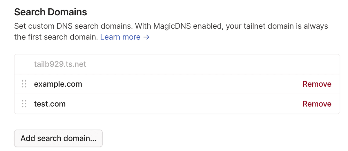 The DNS page of the admin console with the Search Domains section. Listing several example domains.
